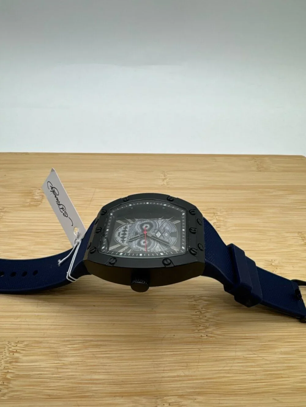 Ed Hardy Men's Crystal Skull Dial Watch Black Tonneau Case Navy Strap